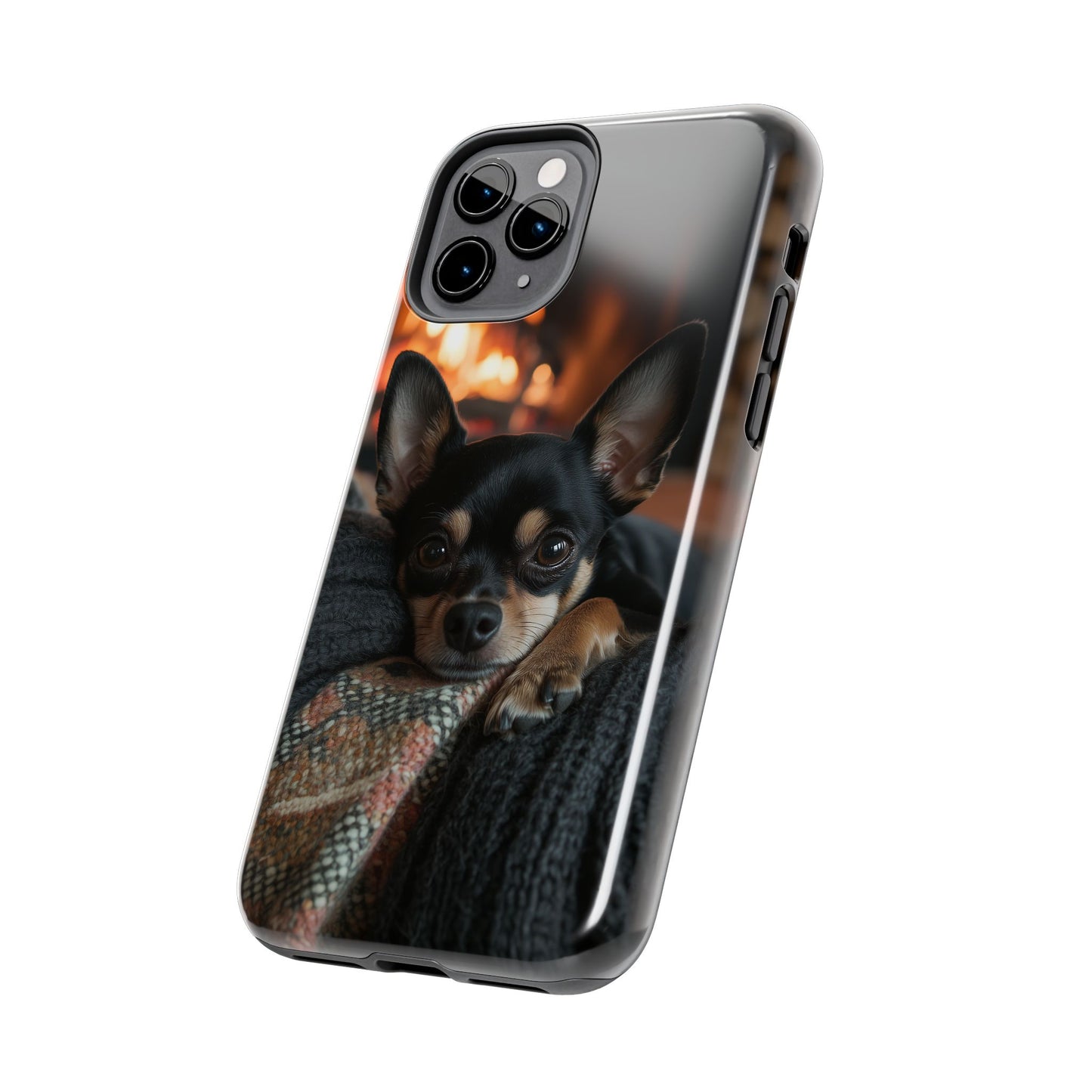 Cozy Chihuahua Fireplace iPhone Case – Warm and Stylish Design