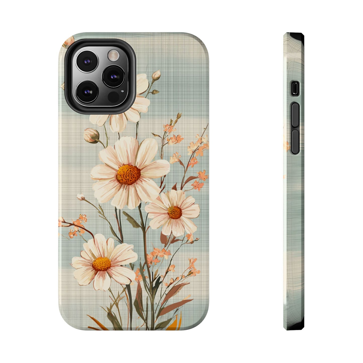 Vintage Plaid & Daisy Floral Tough iPhone Case – Dual-Layer Protection with Retro Flower Design