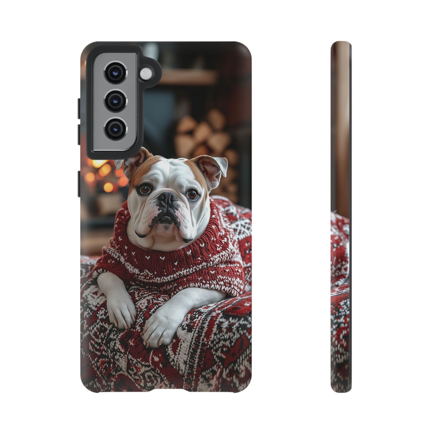 Cozy Bulldog in Sweater Samsung Galaxy Case – Festive Fireplace Protective Cove