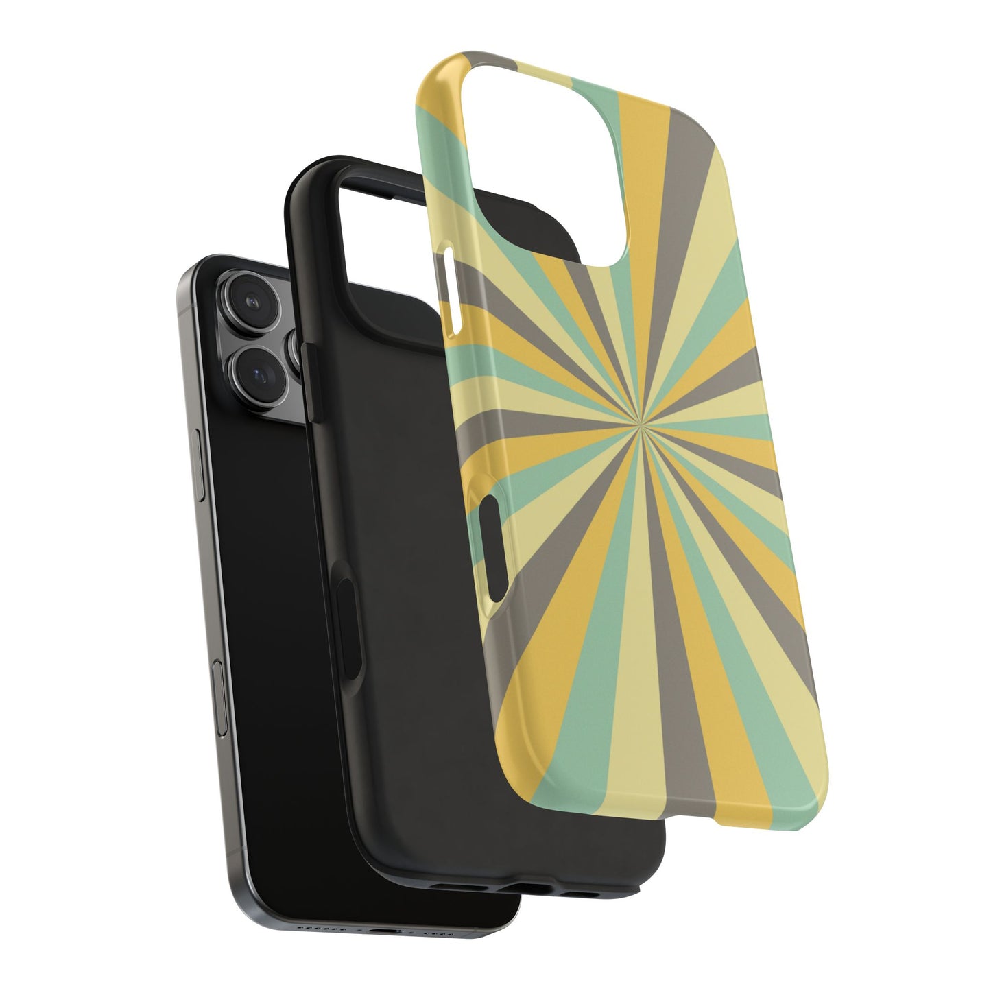 Vintage Sunburst Rays iPhone Case – Bold 70s-Inspired Burst in Yellow, Mint, and Gray