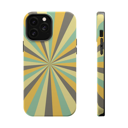 Vintage Sunburst Rays MagSafe iPhone Case – Bold 70s-Inspired Burst in Yellow, Mint, and Gray