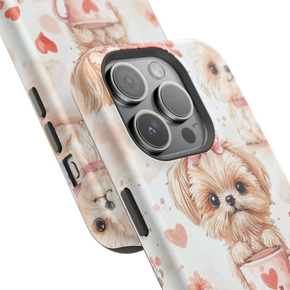 Puppies & Heart Mugs MagSafe iPhone Case – Sweet Dog & Floral Design, Shockproof & Slim