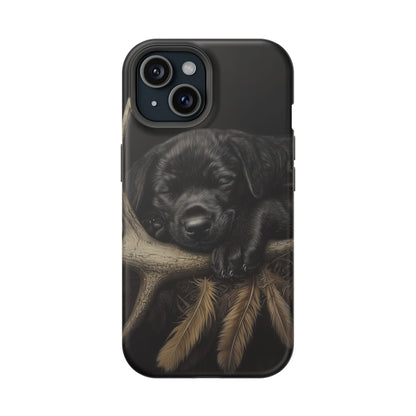 Adorable Black Labrador Puppy on Feathers MagSafe iPhone Case