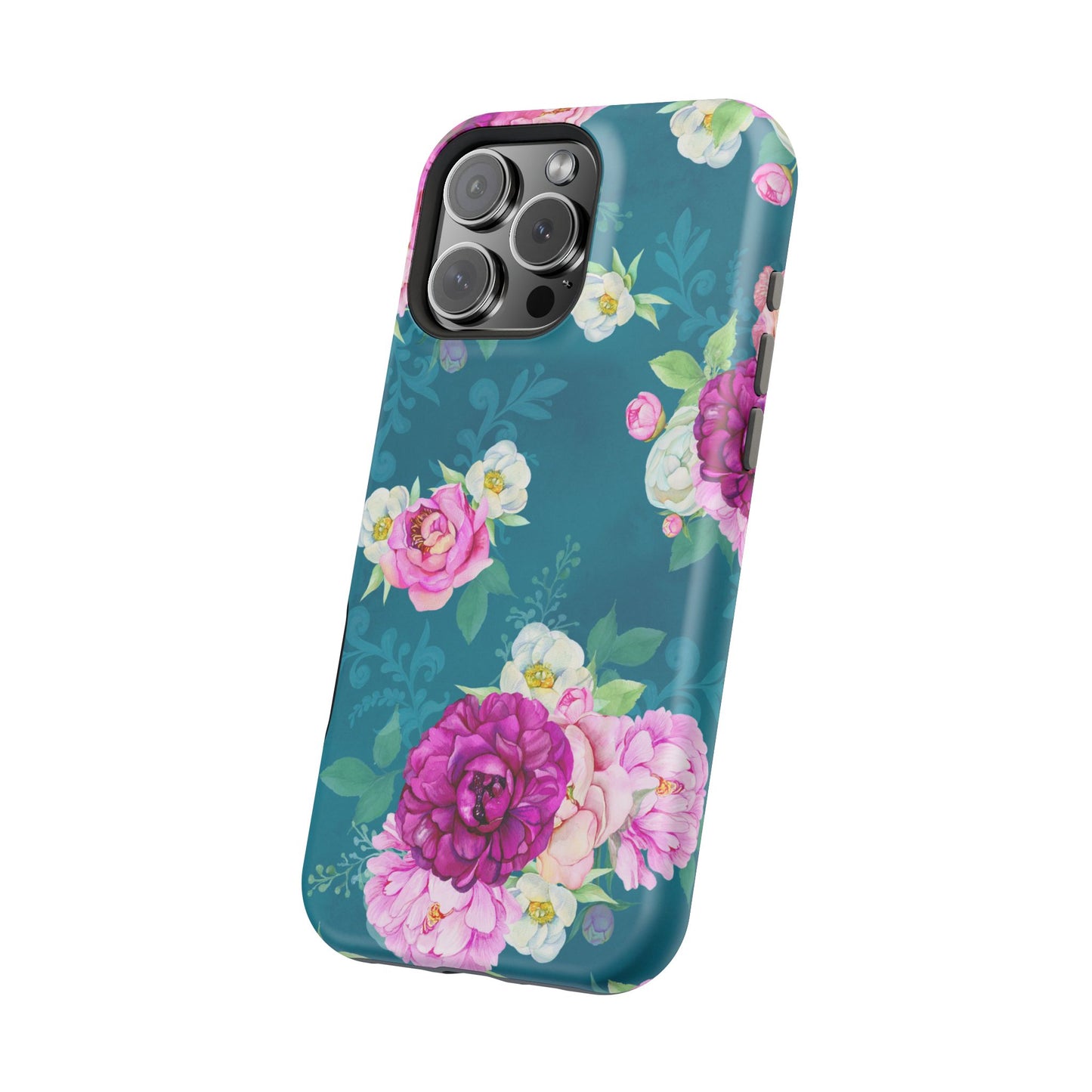 Elegant Peony Bouquet MagSafe iPhone Case – Deep Teal Background with Romantic Floral Design