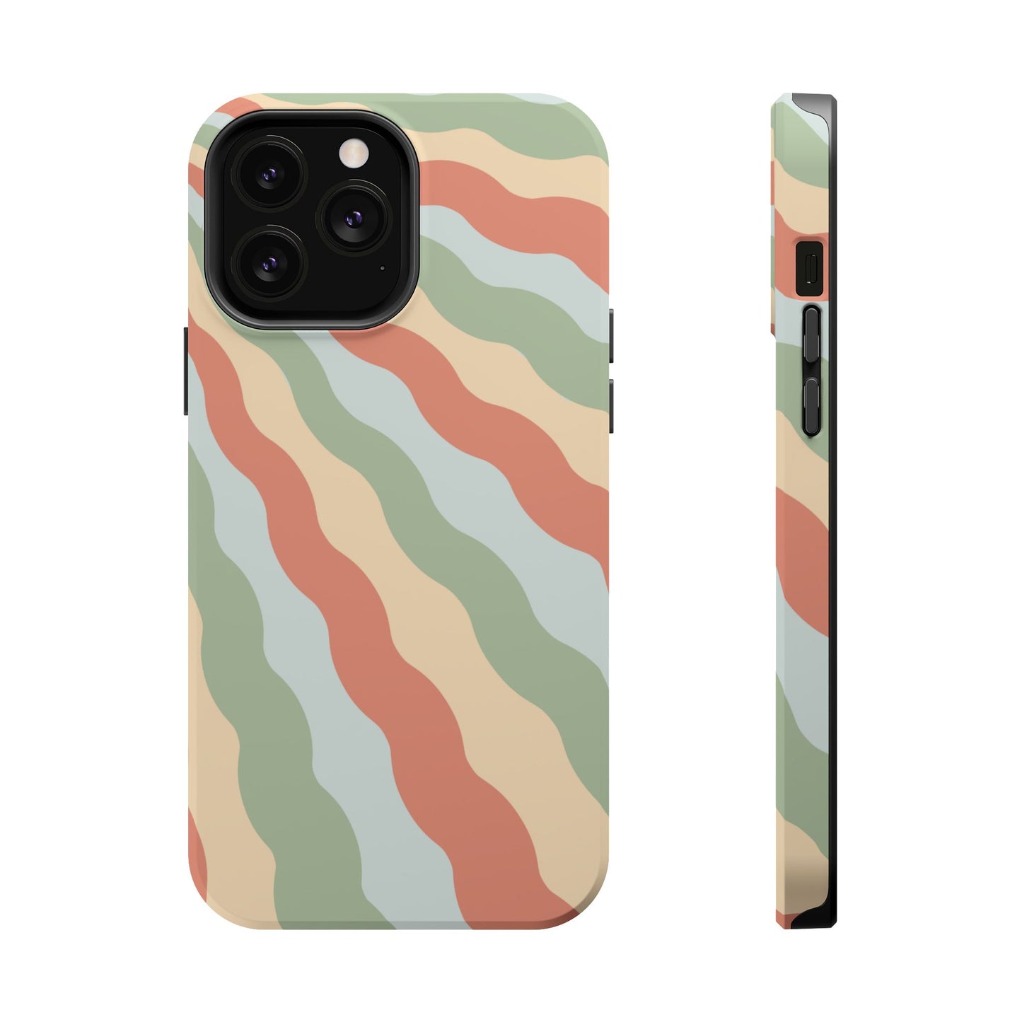 Earthy Retro Waves MagSafe iPhone Case – 70s-Inspired Wavy Stripes in Soft Green, Cream, and Rust