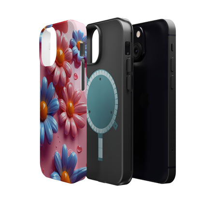 Pastel Daisy 3D MagSafe iPhone Case – Glossy Pink and Blue Floral Design, Full Protection