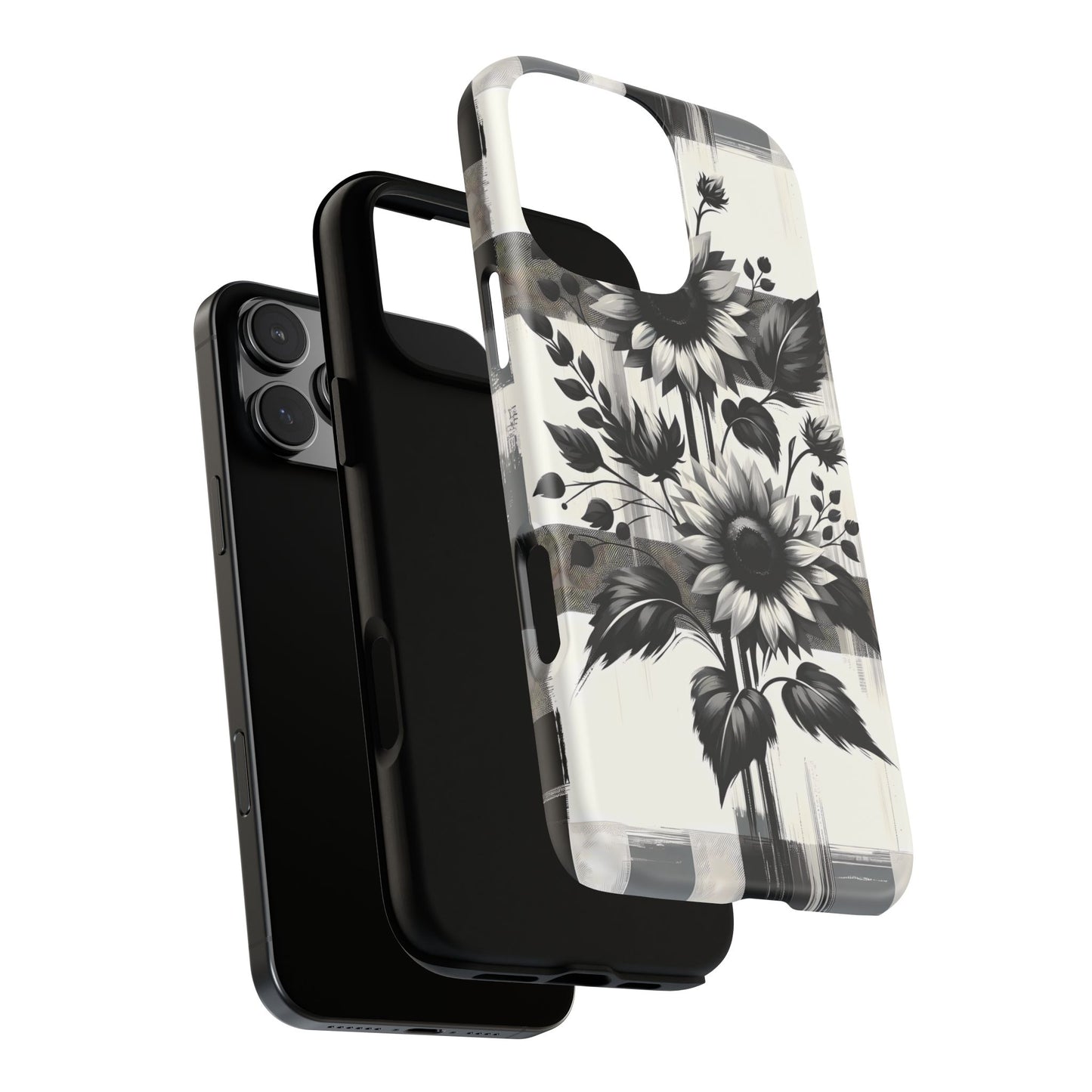 Black/White Sunflower Plaid Phone Case - Chic Noir Sunflower Plaid - Premium Protective Phone Case For iPhone, Samsung Galaxy, & Google. - BOGO Cases