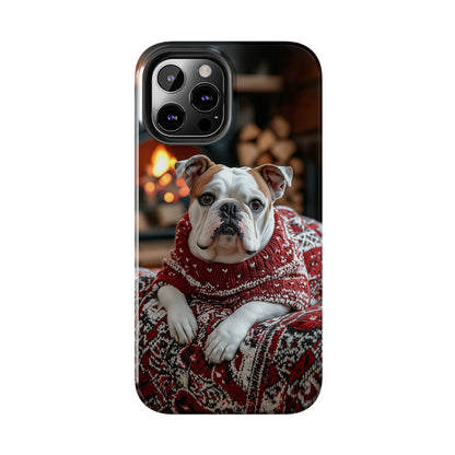 Cozy Bulldog in Sweater iPhone Case – Festive Fireplace Protective Cover