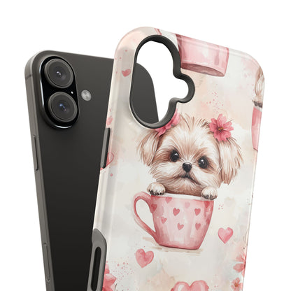 Floral Puppy in Teacup MagSafe iPhone Case – Cute Pink Flower Design, Tough Dual-Layer Protection