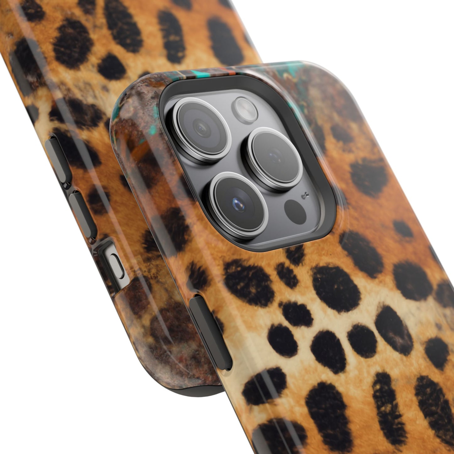 Rustic Leopard Print Tough MagSafe iPhone Case – Distressed Turquoise and Animal Pattern with Dual-Layer Protection