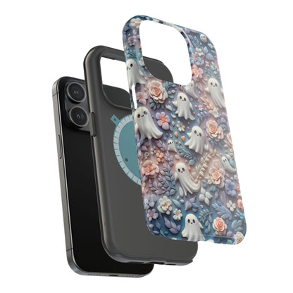 Cute MagSafe Ghosts Flowers Phone Case | Ethereal Clay Style | Autumn and Halloween Aesthetic | Tough Dual Layer Protection