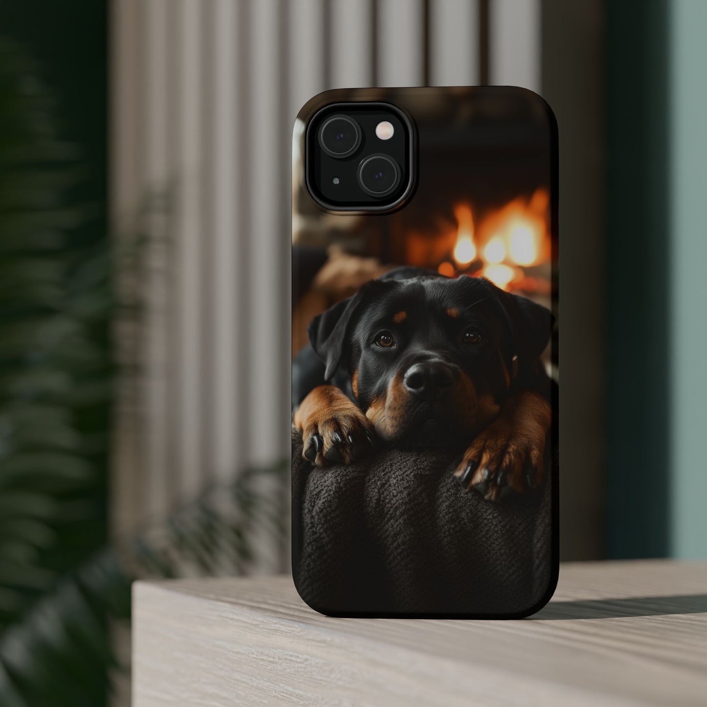 Cozy Rottweiler by the Fireplace MagSafe iPhone Case – Warm Rustic Design