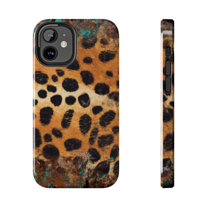 Rustic Leopard Print Tough iPhone Case – Distressed Turquoise and Animal Pattern with Dual-Layer Protection