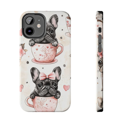 French Bulldogs in Teacups iPhone Case – Cute Dog Design with Hearts & Bows, Shockproof & Slim - BOGO Cases