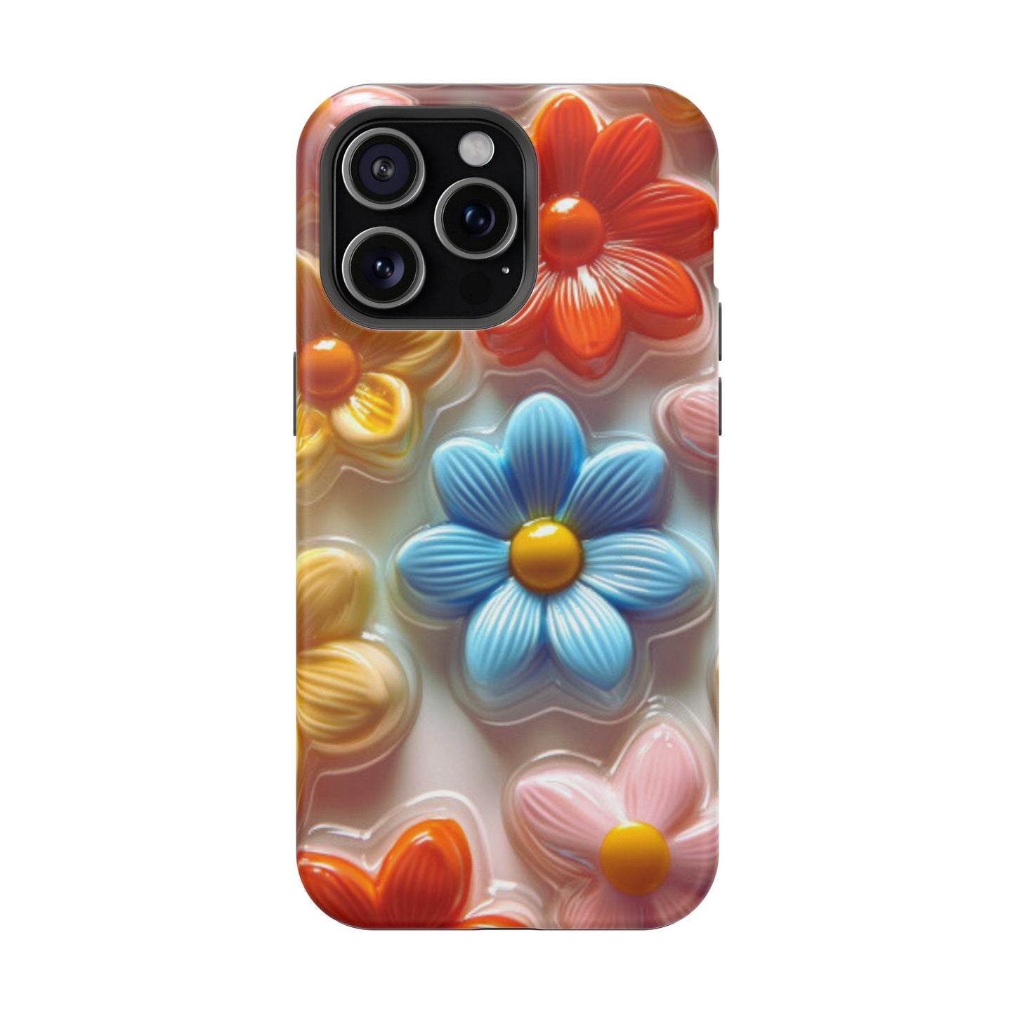 Glossy Retro Flower MagSafe iPhone Case – Colorful 3D Floral Design, Durable Protection