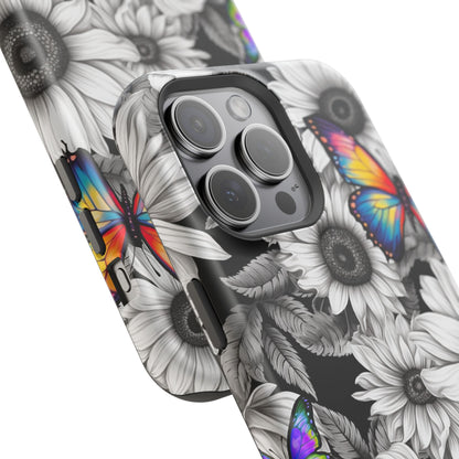 Rainbow Butterflies & Monochrome Sunflowers – MagSafe iPhone Case