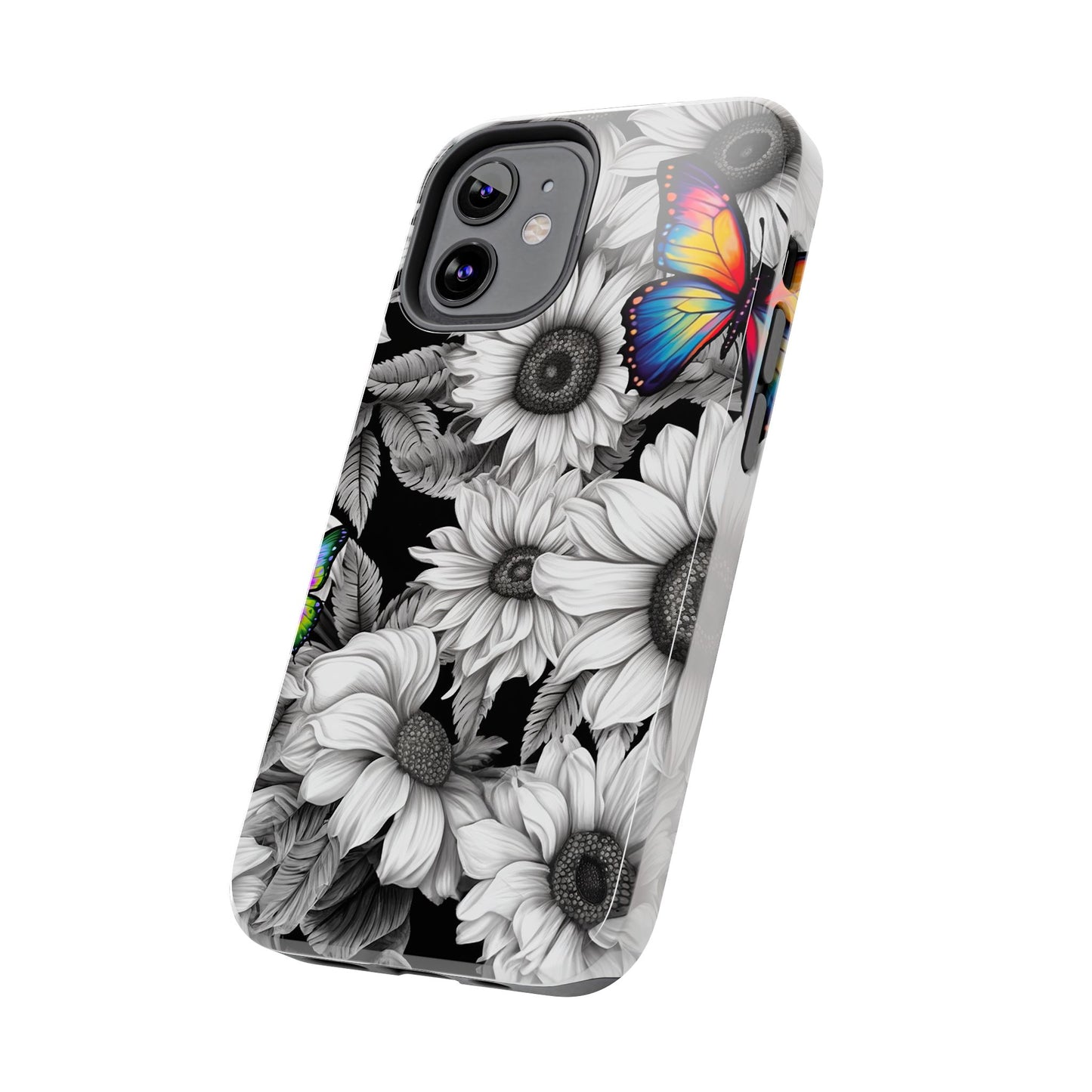 Rainbow Butterflies & Monochrome Sunflowers – iPhone Case