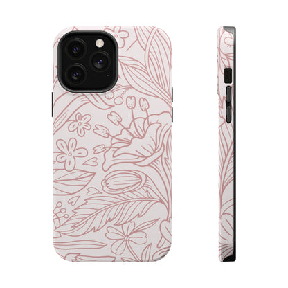 Blush Floral Line Art Tough MagSafe iPhone Case – Delicate Minimalist Design with Dual-Layer Protection