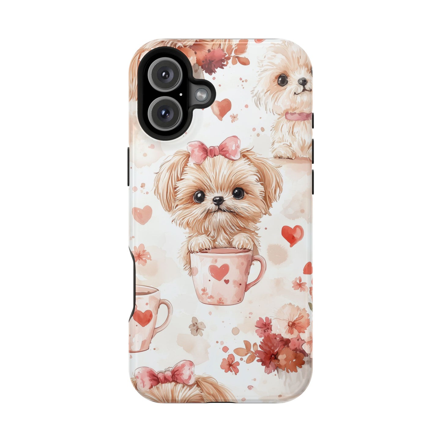 Puppies & Heart Mugs MagSafe iPhone Case – Sweet Dog & Floral Design, Shockproof & Slim