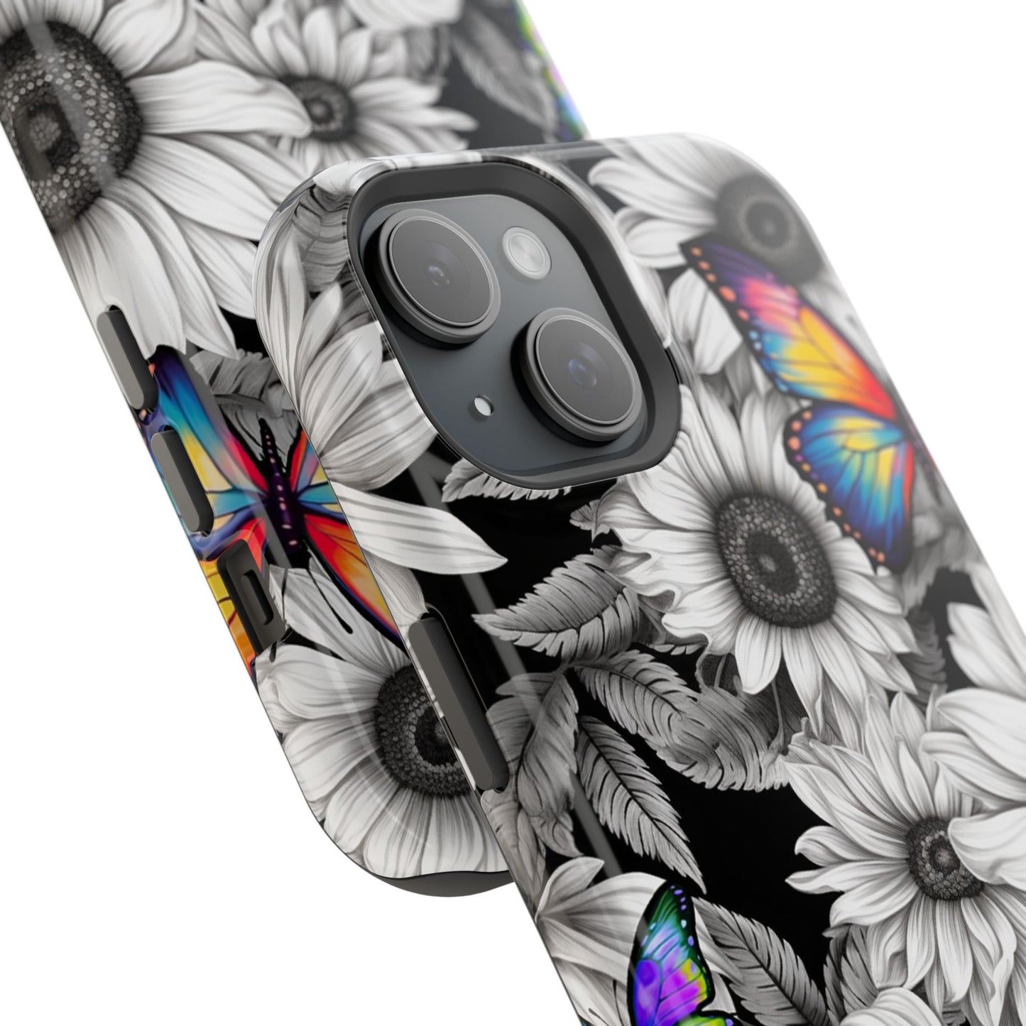 Rainbow Butterflies & Monochrome Sunflowers – MagSafe iPhone Case