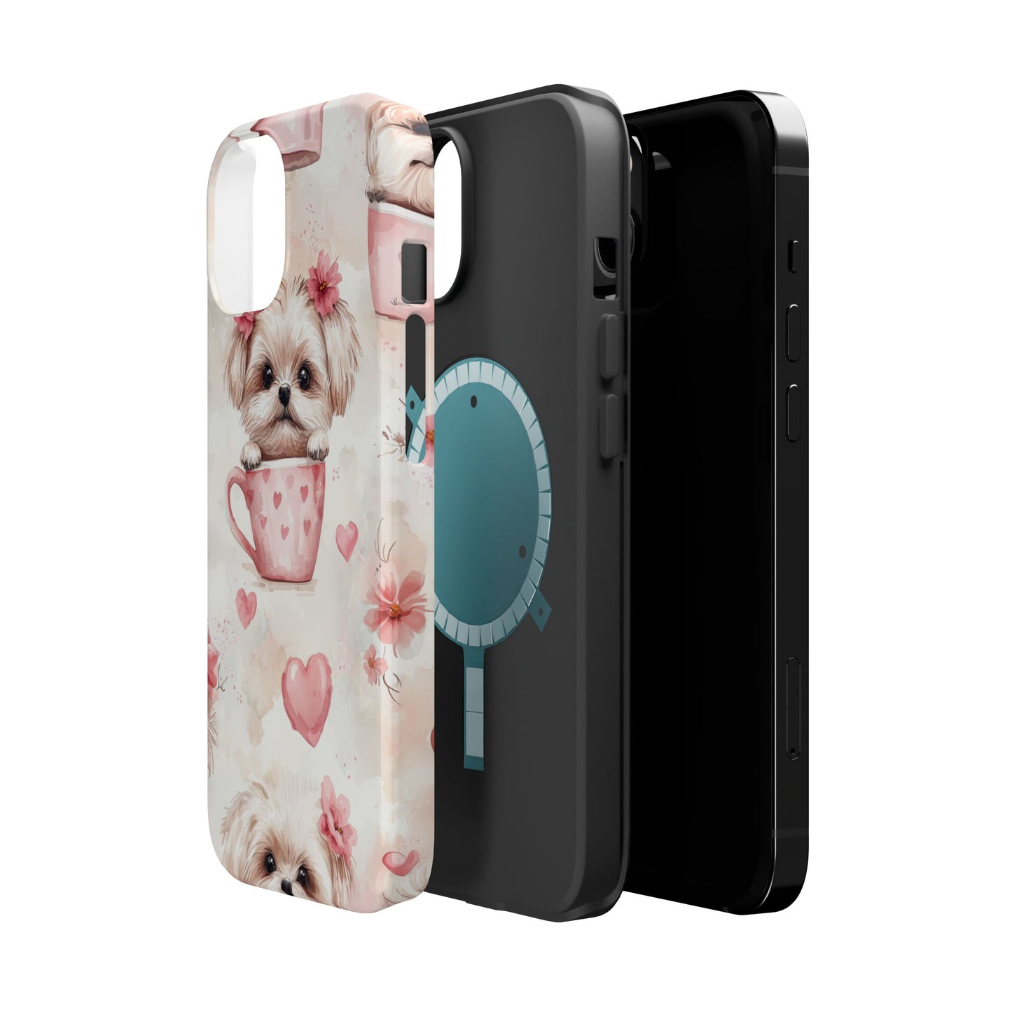 Floral Puppy in Teacup MagSafe iPhone Case – Cute Pink Flower Design, Tough Dual-Layer Protection