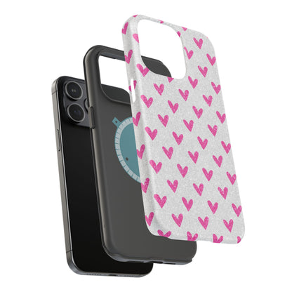 Pink Hearts on Glitter Silver – MagSafe iPhone Case