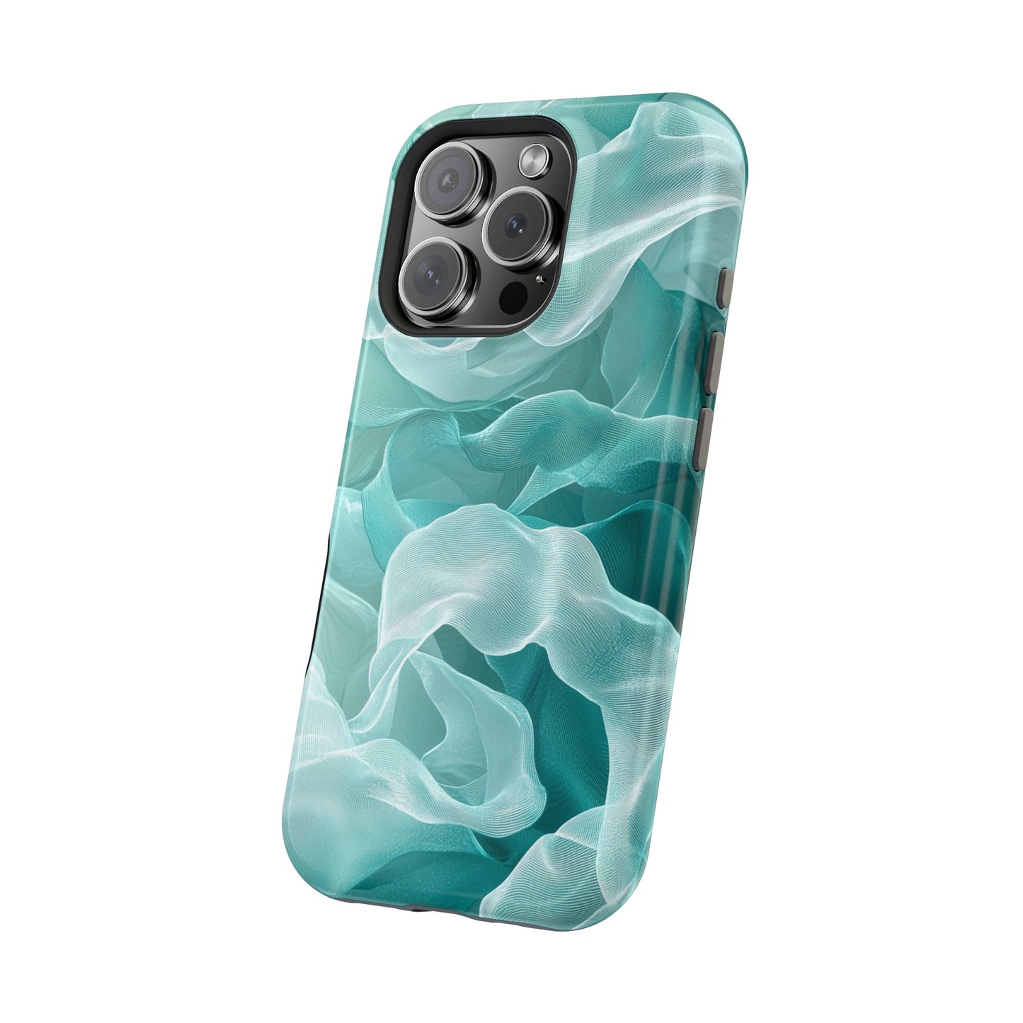 Elegant Flowing Teal Fabric MagSafe iPhone Case – Soft Waves Design