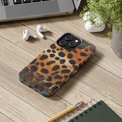 Rustic Leopard Print Tough iPhone Case – Distressed Turquoise and Animal Pattern with Dual-Layer Protection