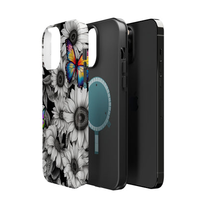 Rainbow Butterflies & Monochrome Sunflowers – MagSafe iPhone Case