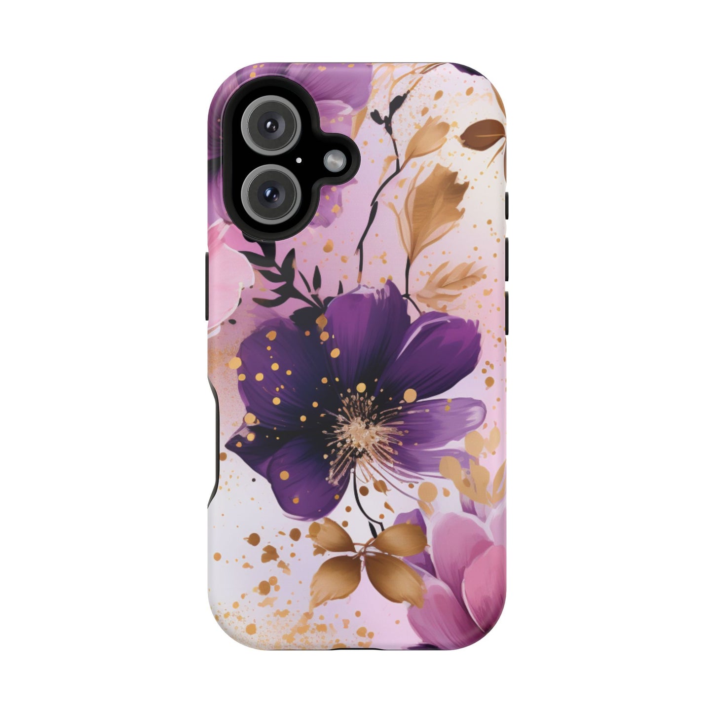 Elegant Purple & Gold Floral MagSafe iPhone Case - Luxe Flower Design