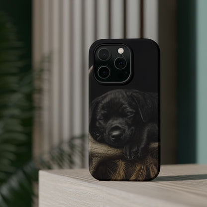 Adorable Black Labrador Puppy on Feathers MagSafe iPhone Case