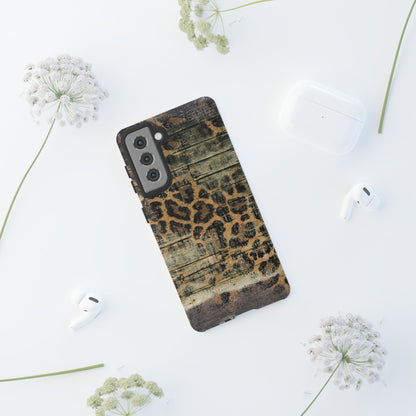 Rustic Wood and Leopard Print Tough Samsung Galaxy Case – Distressed Western Design with Dual-Layer Protection