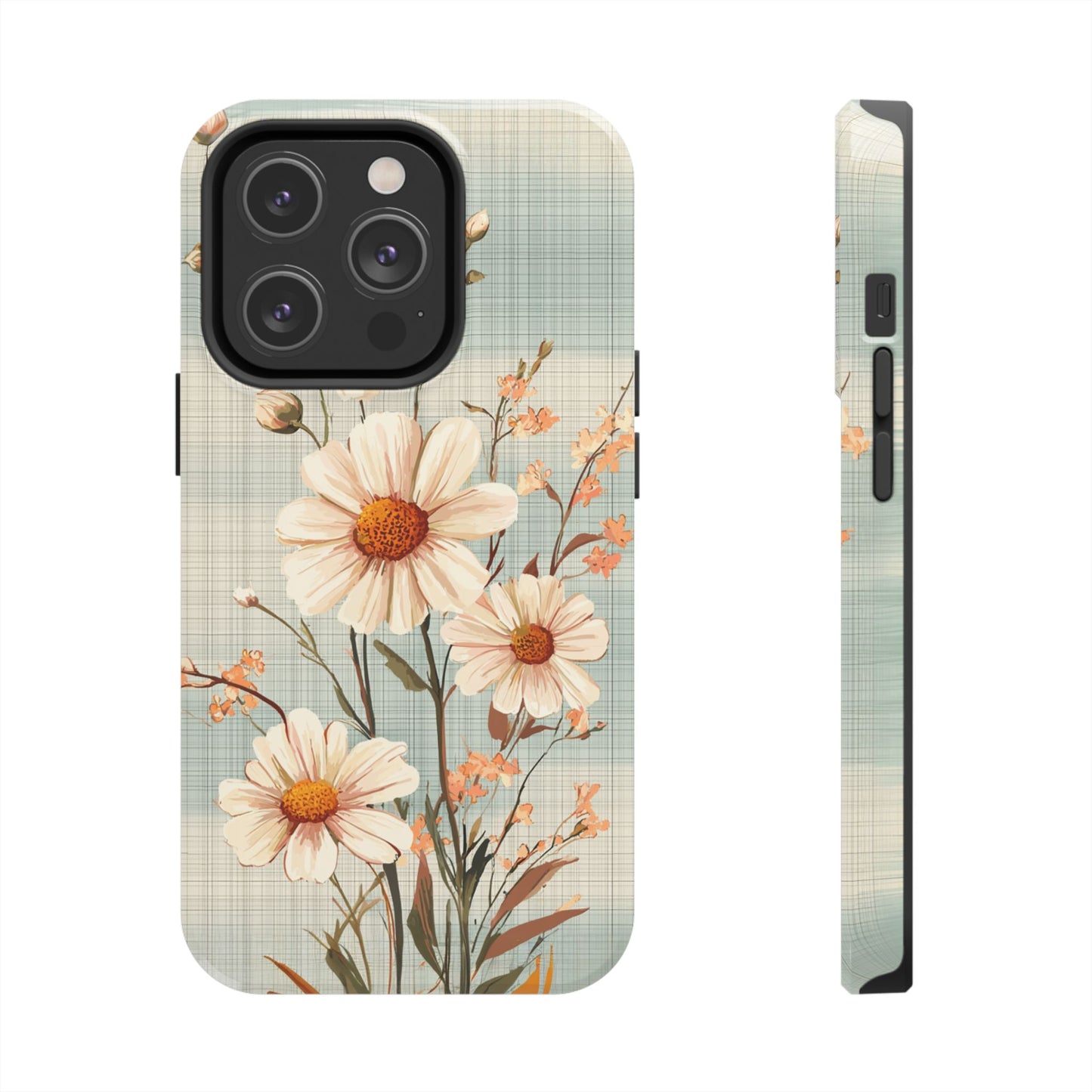 Vintage Plaid & Daisy Floral Tough iPhone Case – Dual-Layer Protection with Retro Flower Design