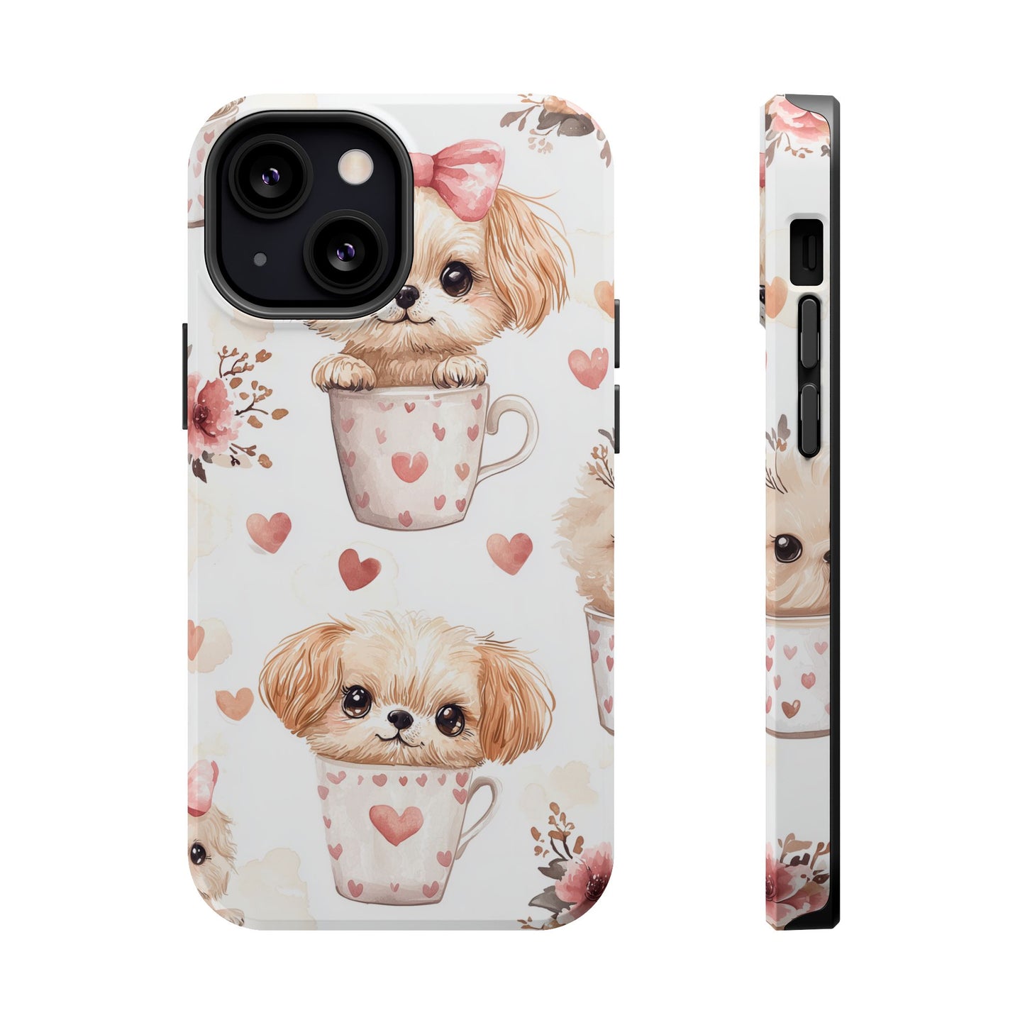 Cute Puppies in Heart MagSafe iPhone Case – Adorable Dog & Floral Design, Shockproof & Slim