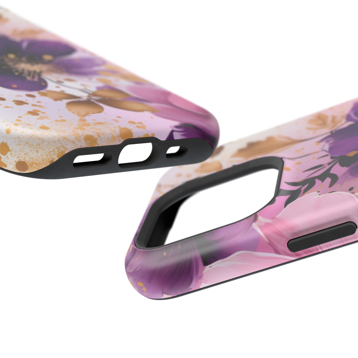 Elegant Purple & Gold Floral MagSafe iPhone Case - Luxe Flower Design