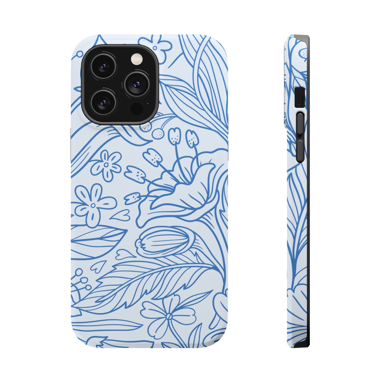 Dusty Blue Floral Line Art Tough MagSafe iPhone Case – Minimalist Botanical Design with Dual-Layer Protection