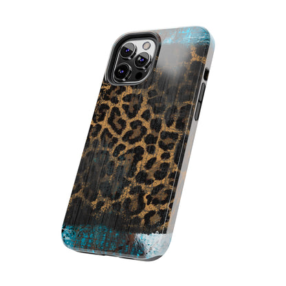 Boho Leopard and Turquoise Tough iPhone Case – Rustic Western Design with Dual-Layer Protection