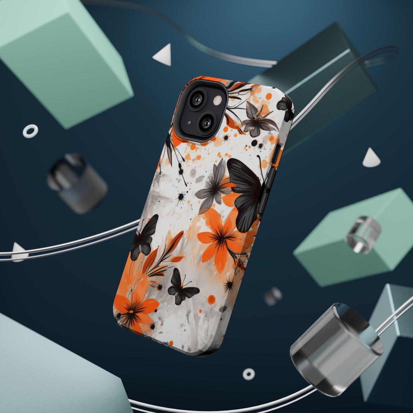 Orange Blossom & Black Butterfly MagSafe iPhone Case – Bold Floral Pattern with Modern Abstract Style