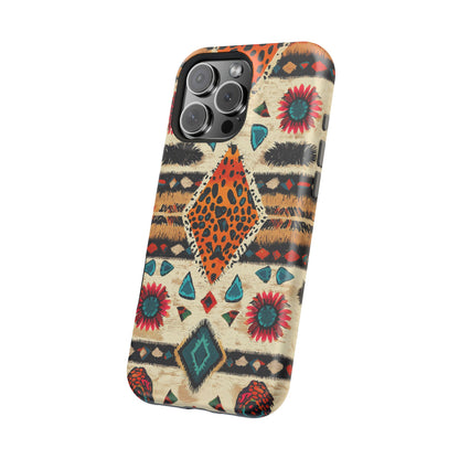 Wild Boho Leopard Print & Floral Tough MagSafe iPhone Case – Eclectic Tribal Design, Dual-Layer Protection