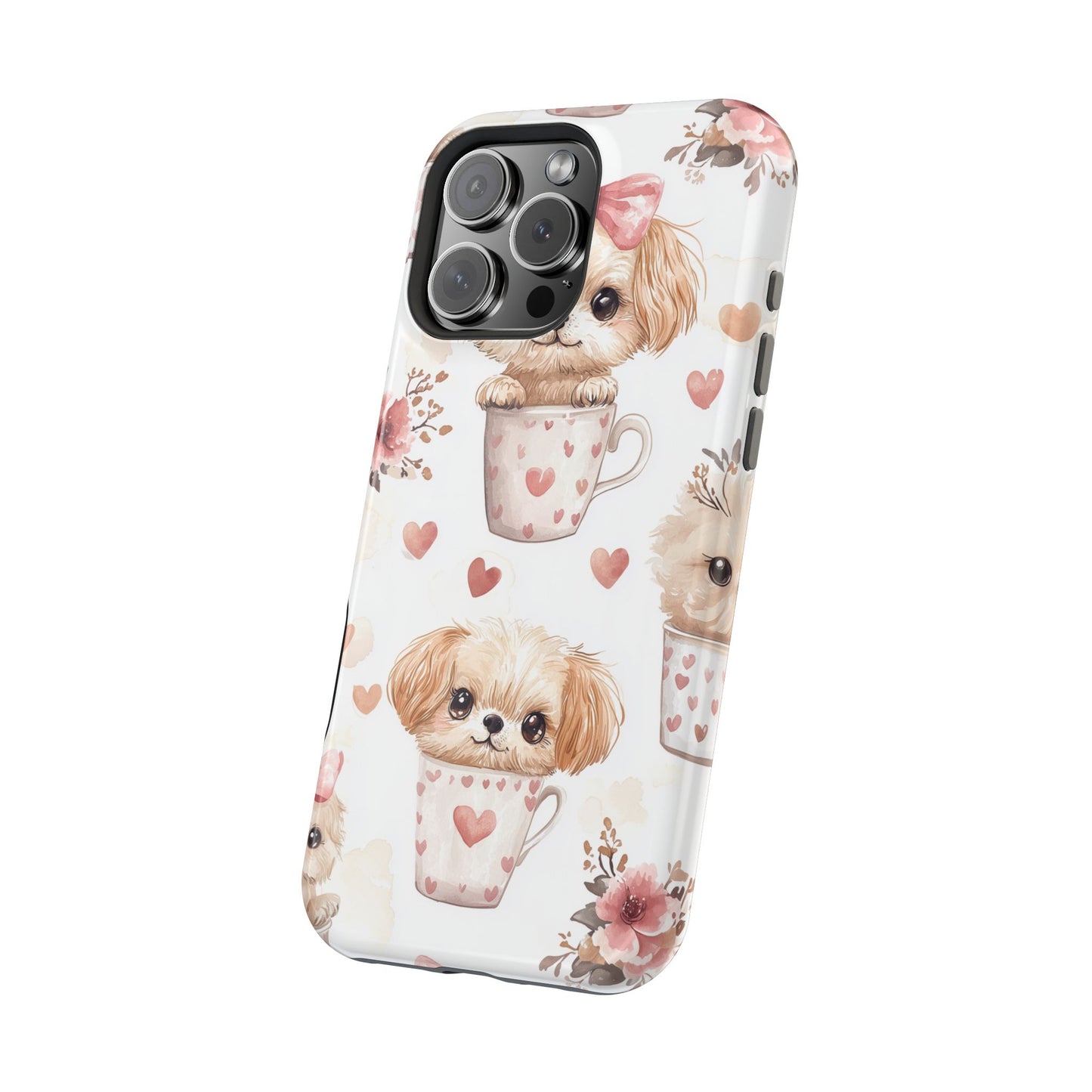 Cute Puppies in Heart MagSafe iPhone Case – Adorable Dog & Floral Design, Shockproof & Slim