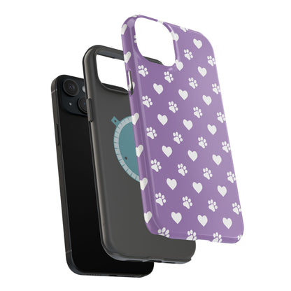 Lavender Paw Prints & Hearts Design - Adorable Pet Lover MagSafe iPhone Case