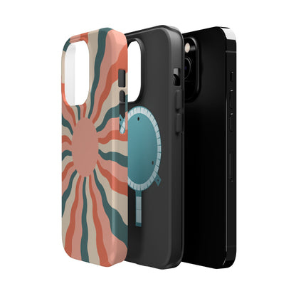 Retro Sunburst MagSafe iPhone Case – Bold 70s-Inspired Waves in Coral, Teal, and Cream