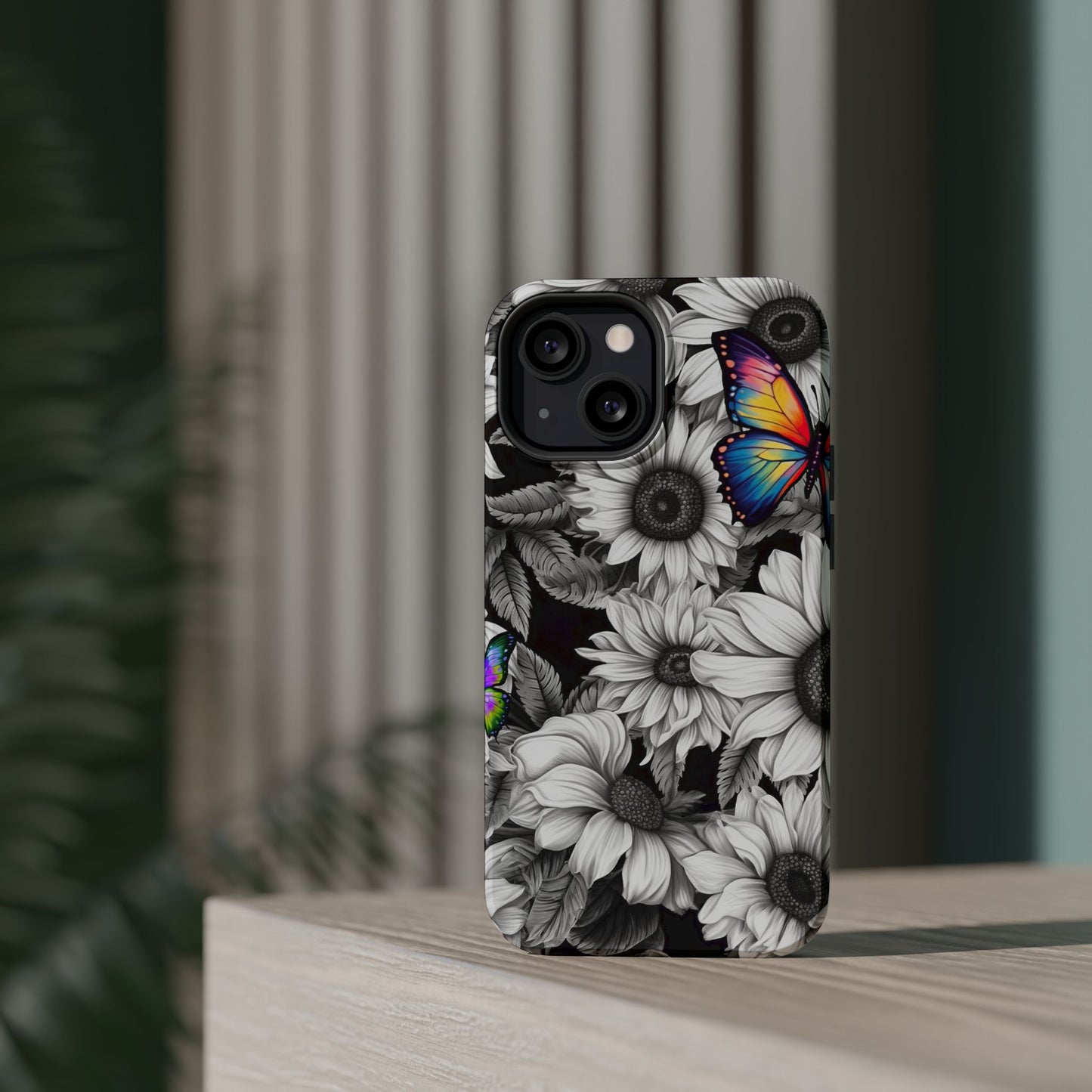 Rainbow Butterflies & Monochrome Sunflowers – MagSafe iPhone Case