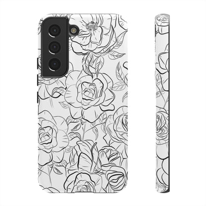 Monochrome Rose Garden Tough Samsung Galaxy Case – Elegant Floral Line Art with Dual-Layer Protection