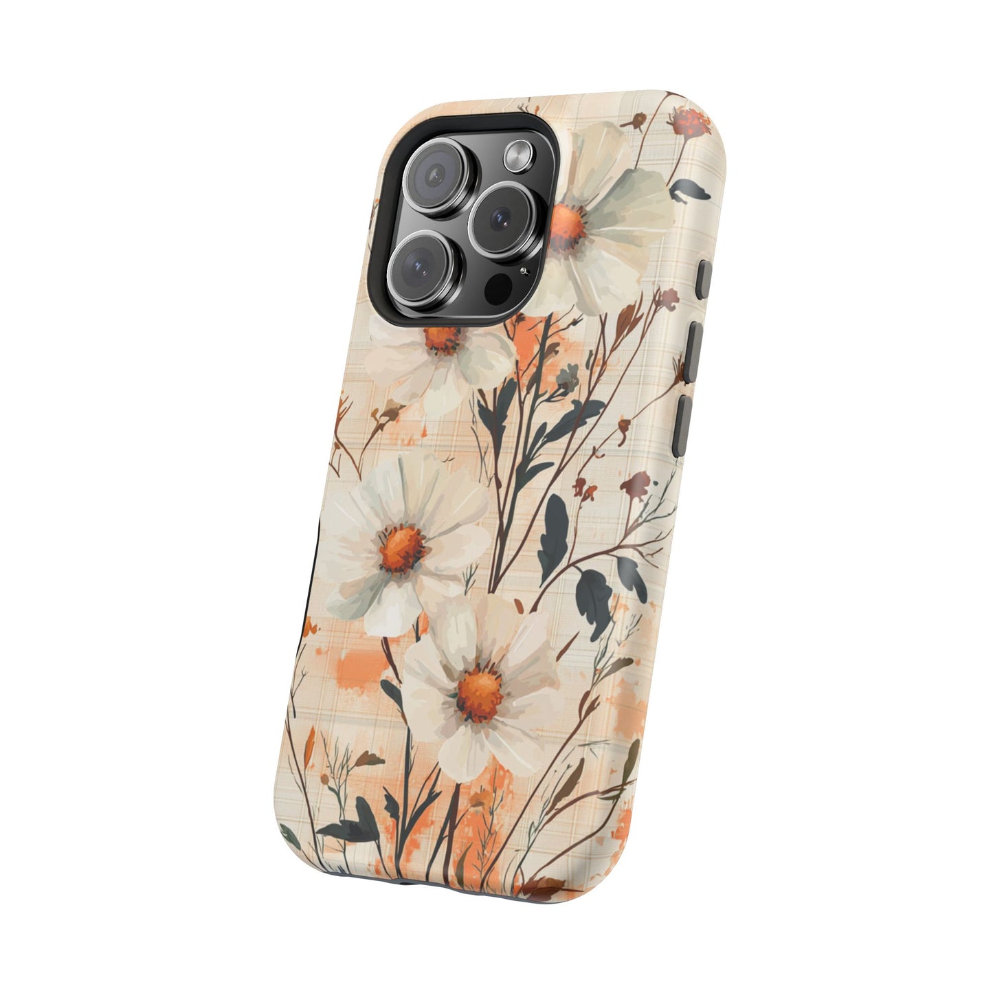 Pastel Orange Floral MagSafe iPhone Case - Elegant Plaid Protective Cover