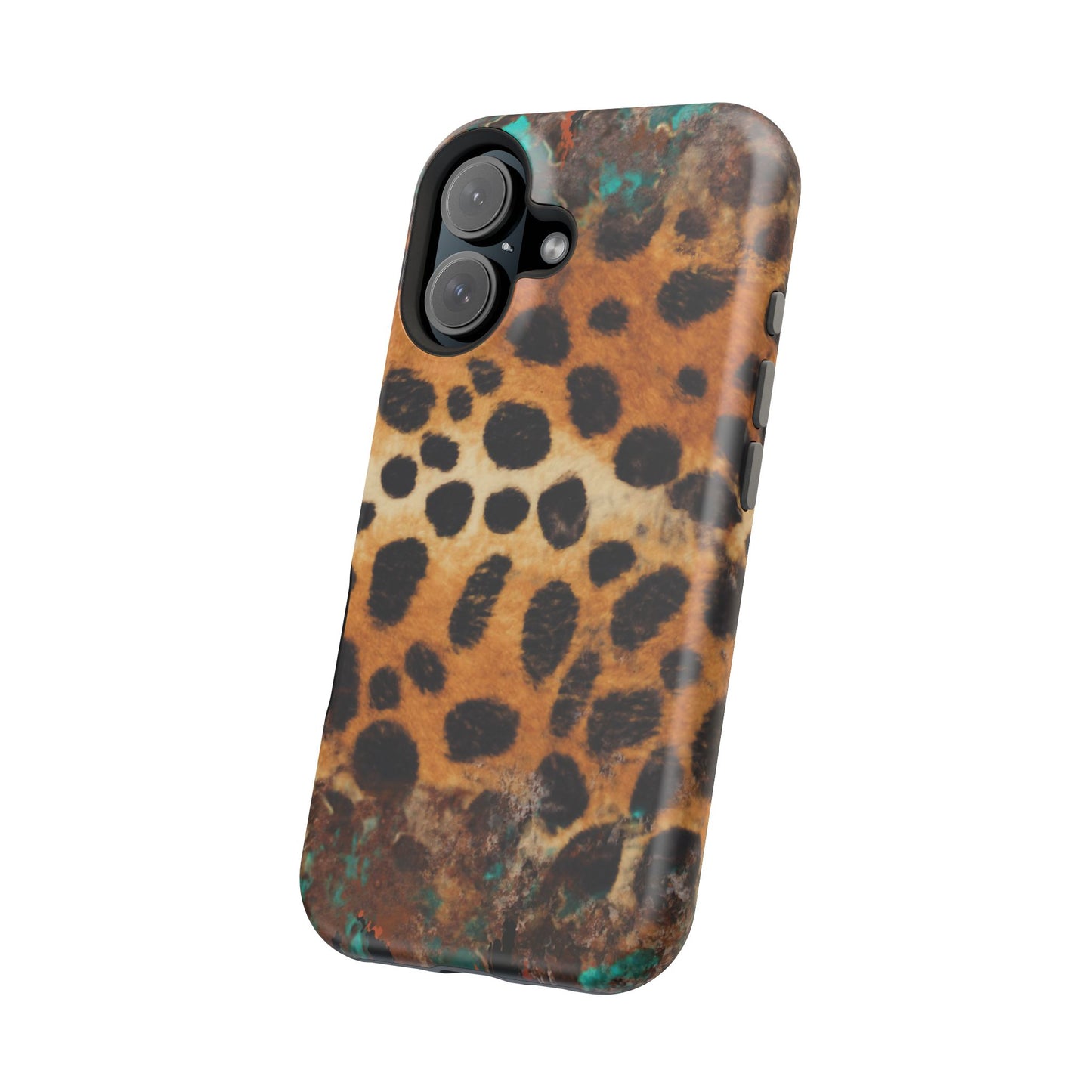 Rustic Leopard Print Tough MagSafe iPhone Case – Distressed Turquoise and Animal Pattern with Dual-Layer Protection