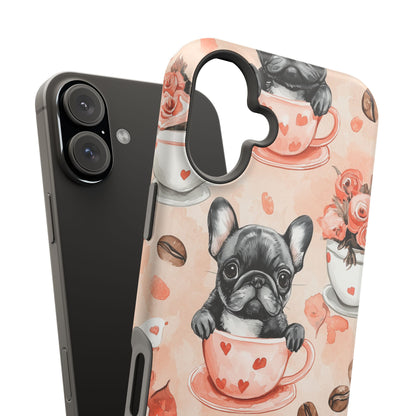 French Bulldogs in Heart Teacups MagSafe iPhone Case – Cute Dog & Floral Design, Shockproof Protection