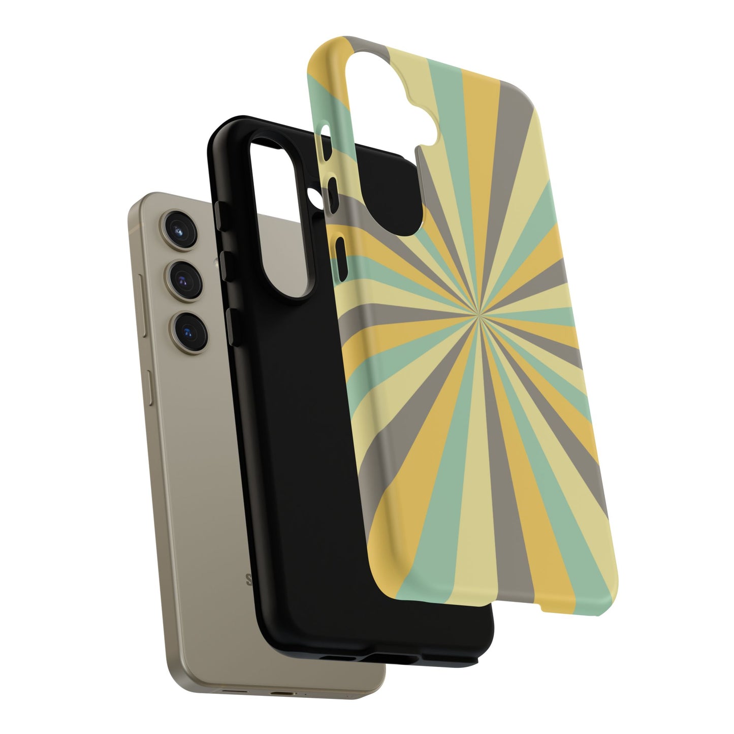 Vintage Sunburst Rays Samsung Galaxy Case – Bold 70s-Inspired Burst in Yellow, Mint, and Gray