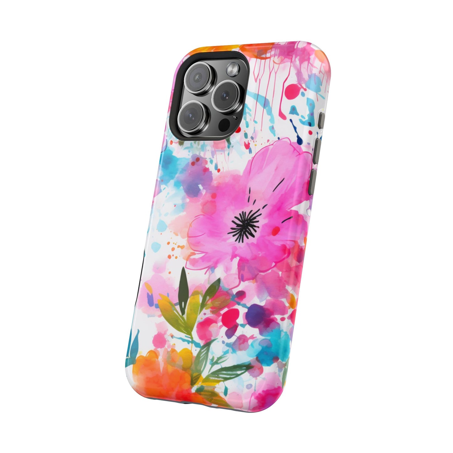 Color Splash Pink & Orange Watercolor Floral - MagSafe iPhone Case