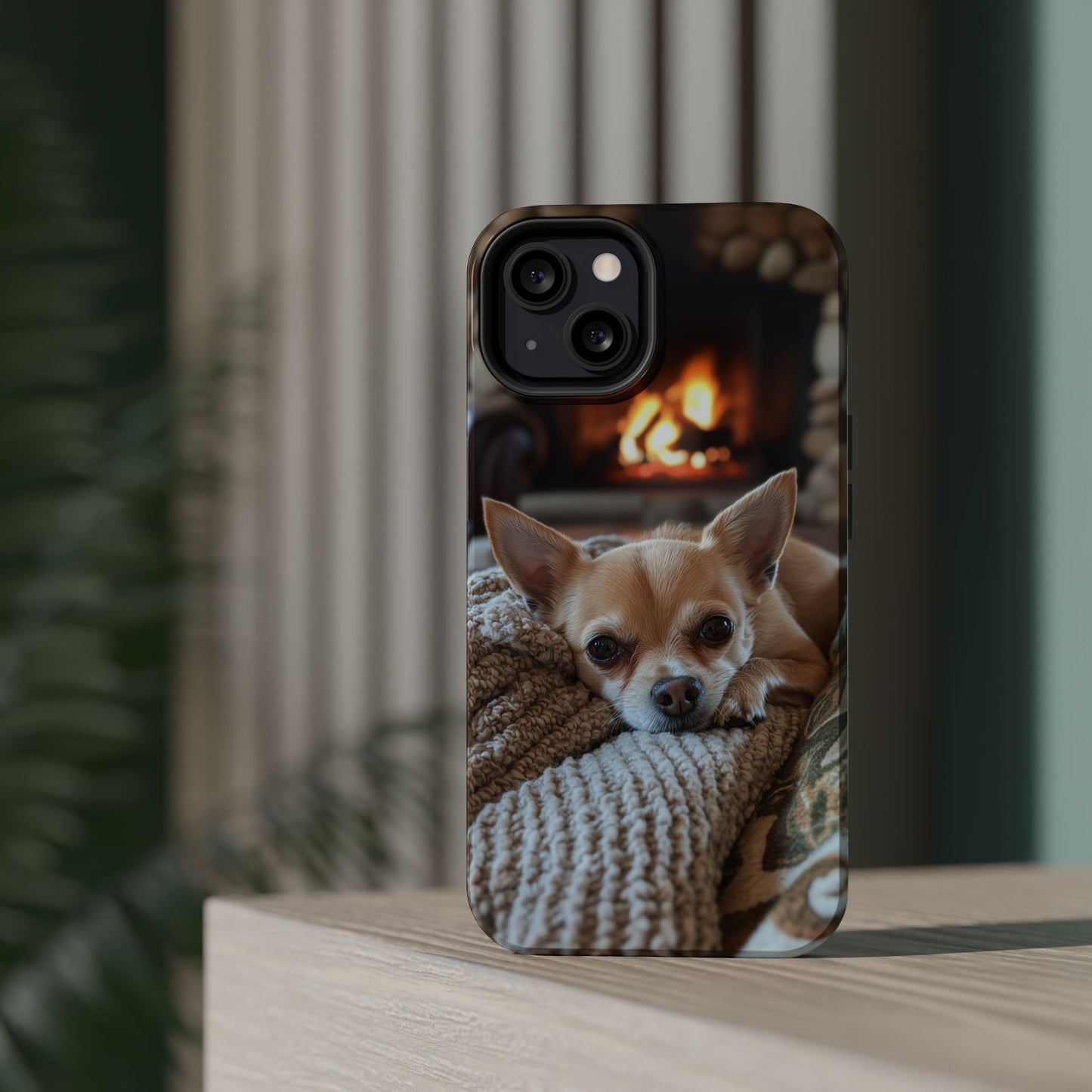 Relaxing Chihuahua by Fireplace MagSafe iPhone Case – Functional and Cozy Design